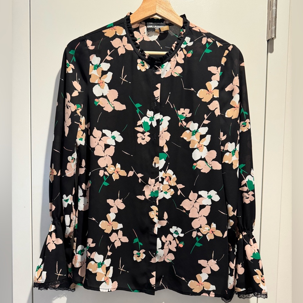 Karl Lagerfeld Black Long Sleeve Blouse with Mandarin Collar
